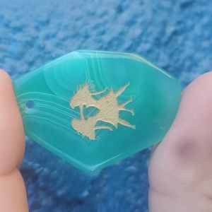 New Hand Carved Gemini Green Onyx Agate Pendant Amulet.